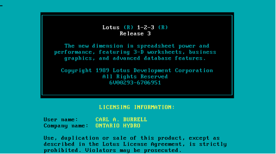 Lotus 1-2-3

　1980年代の終盤に、「VisiCalc」に変わるものとして登場した「Lotus 1-2-3」は、MS-DOS用の表計算アプリケーションだった。PCにグラフィックカードが搭載されていれば（当時はかなり高価だった）、グラフを作成することさえできた。