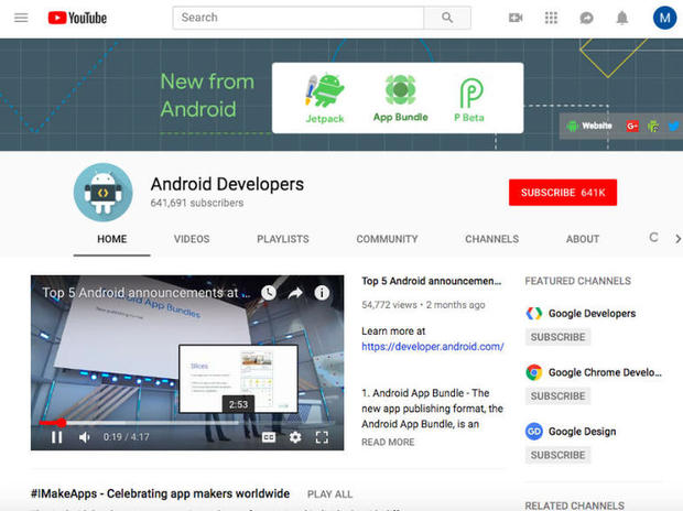 14. Android Developers

　YouTubeチャンネルの「Android Developers」はライブイベントなどの動画を特長としている。「Android」アプリの開発についての学習に興味があるプログラマーであれば、このチャンネルのデモとチュートリアルも視聴できる。