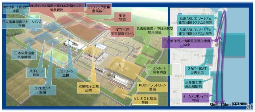 飛行経路図。左が福島ロボットテストフィールドエリア、右が海岸エリア（報道発表社：NTTデータ）
