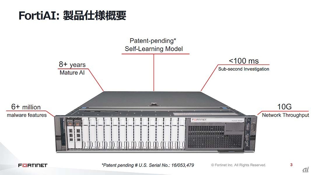 FortiAIの概要。2Uラックマウントシャシーを採用する。