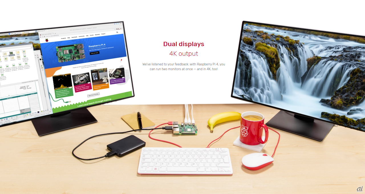ラズパイ4は、4Kディスプレイを2台接続することができる（Raspberry Pi財団のウェブサイトより）。