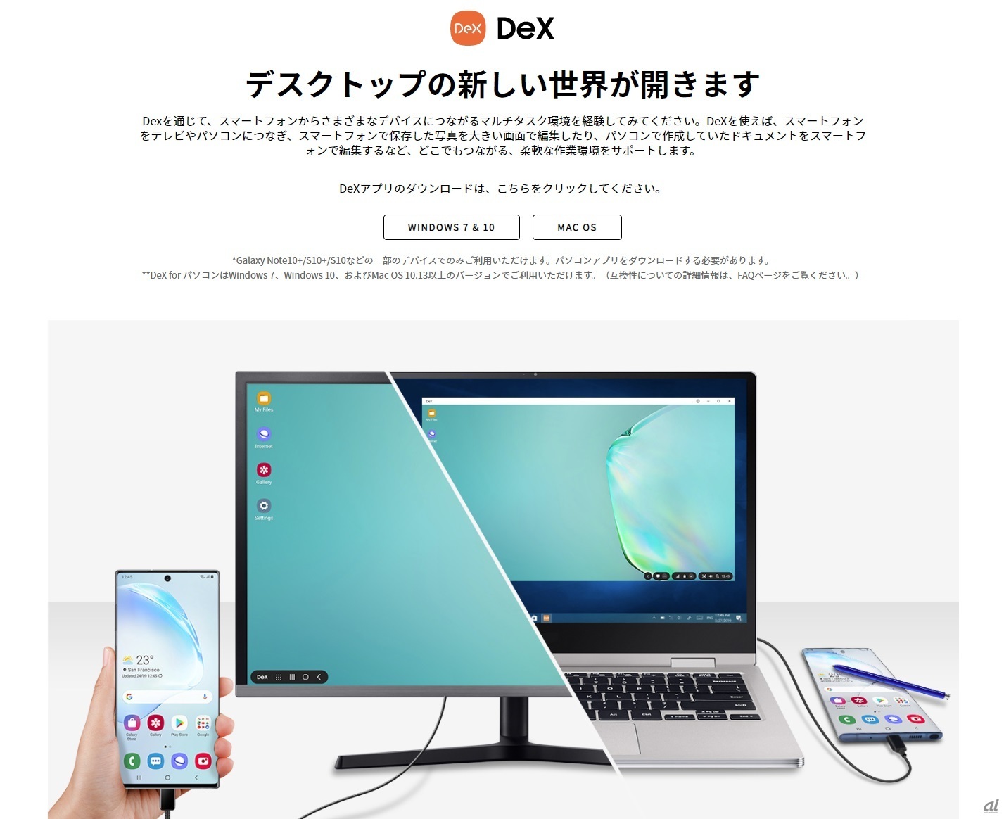 Galaxyのホームページから、Winodws 7/10、MacOS用のDeXアプリケーションが無償でダウンロードできる。