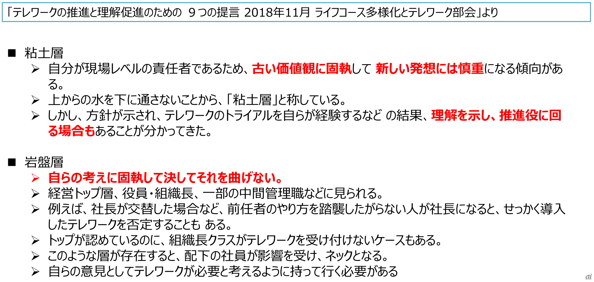 2018年11月に日本テレワーク協会が発表した「テレワークの推進と理解促進のための9つの提言」の一部（出典：日本テレワーク協会）
