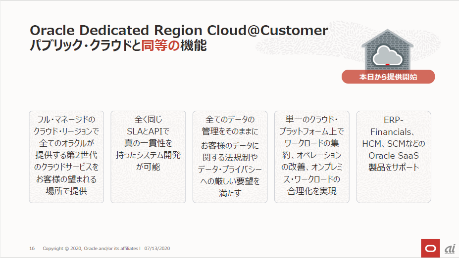 パブリッククラウドと同等の機能を持つOracle Dedicated Region Cloud@Customer（出典：日本オラクルの資料）