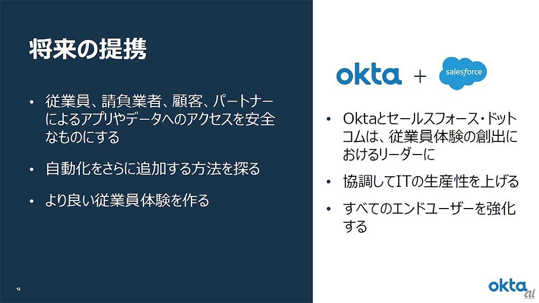 OktaとSalesforce.comの提携の将来展望。なお、Frederic Kerrest氏および共同創業者で最高経営責任者（CEO）のTodd McKinnon氏はともにSalesforce.com出身者であり、両社のオフィスはサンフランシスコ市内のごく近所に位置しているなど、以前から両社は緊密な関係にあったといっていいようだ