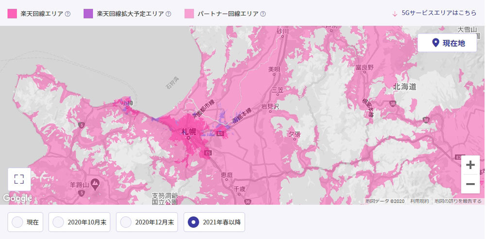 北海道は札幌を中心に自社ネットワークが整備されるが、多くの地域はローミングのままだ（楽天モバイルのウェブサイトより）