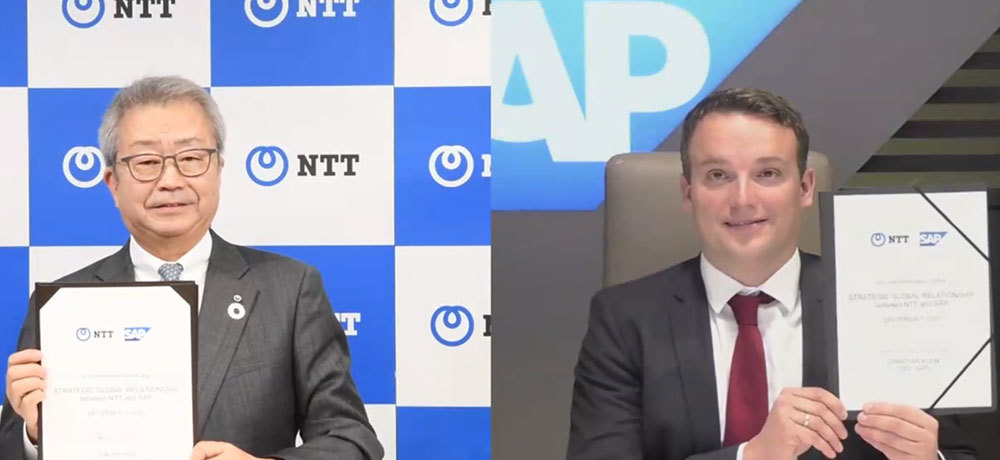 提携強化について覚書を交わしたNTT 社長の澤田純氏（左）とSAP 最高経営責任者（CEO）のChristian Klein氏