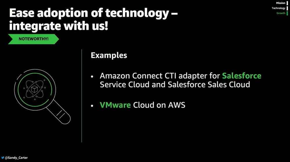 「統合」ソリューション例ではクラウドコンタクトセンターのAmazon ConnectやVMware Cloud on AWSが代表的となる。なお、VMware Cloud on AWSは「移行」ソリューションにも思えるが、「パートナーの観点ではVMwareとAWSを組み合わせるという意味で『統合』になる」（Carter氏）とのこと