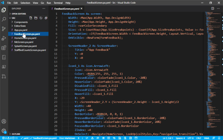 Power Fxの数式は、YAMLソースファイルに保存でき、「Visual Studio Code」などのテキストエディターからアクセスできる。</br>
提供：Microsoft