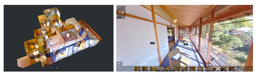 プリンス バケーション クラブ 三養荘の客室（乙女）の3D間取り（左）とパノラマウォークスルーの画像（右）（出典：CTC）