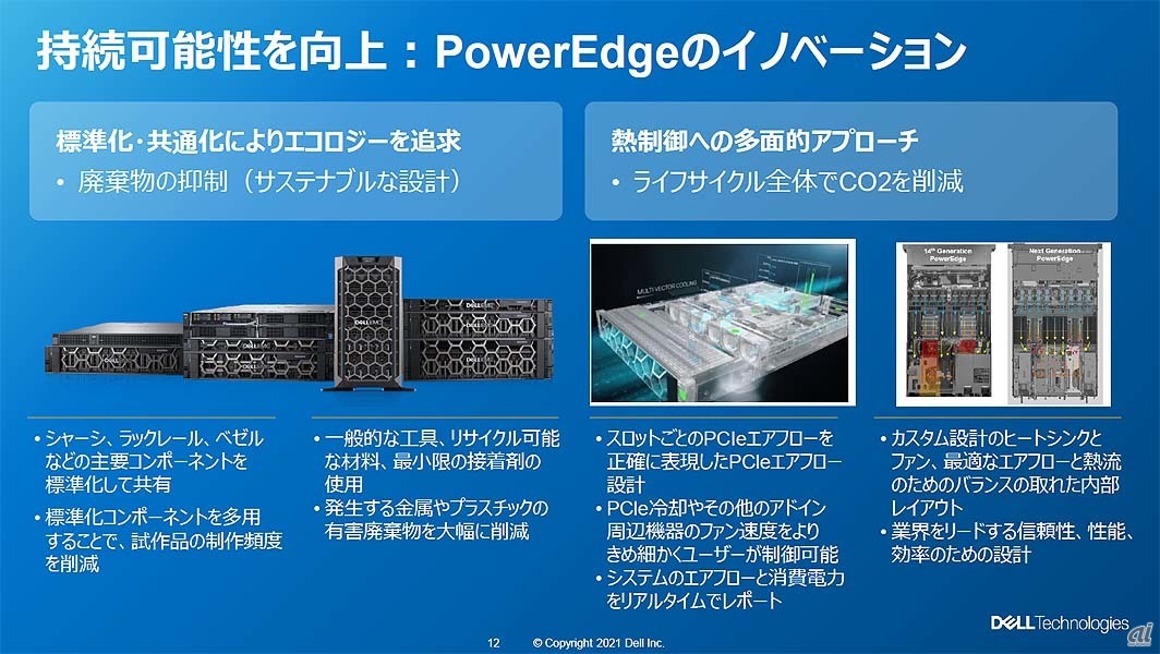 SDGs関連の同社の取り組みの一例。ちなみに筆者は2019年晩秋に同社の米本社を取材訪問した際に、「ノートPCの外装に使用されているカーボンファイバー混入プラスチック部材の100％リサイクルを目指した取り組み」や「エンタープライズ向け製品に使用される梱包材／緩衝剤のリサイクル推進」などについての説明を聞いている。今回急に言い出した話ではなく、何年も前から継続的に取り組んだ結果、さまざまな成果が出始めているという状況だといえる