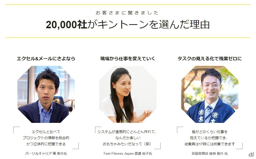 kintoneのウェブサイトでは、2万社のなかでも代表的な事例を紹介している（出典：サイボウズ）