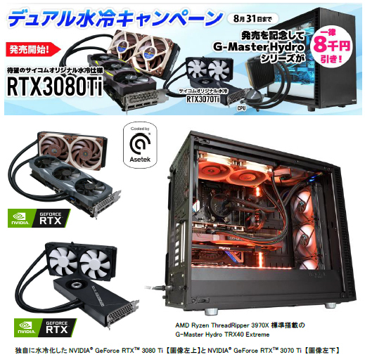 BTOパソコンのサイコム、デュアル水冷モデルでGeForce RTX(TM) 3070 Ti