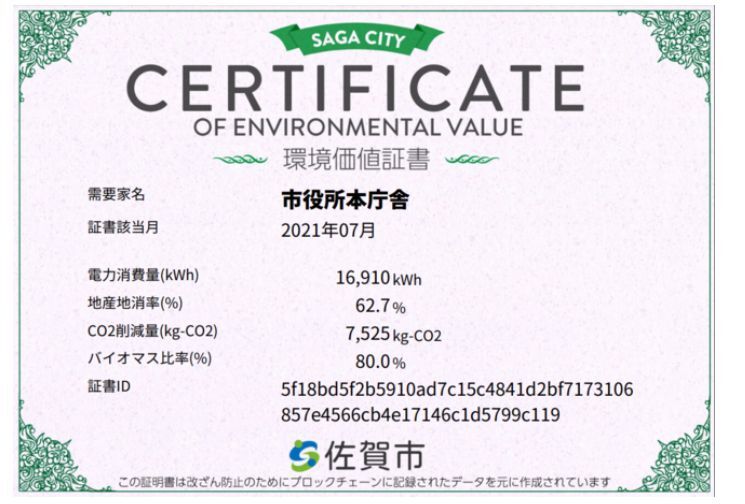 佐賀市環境価値証書発行システムで発行された環境価値証書