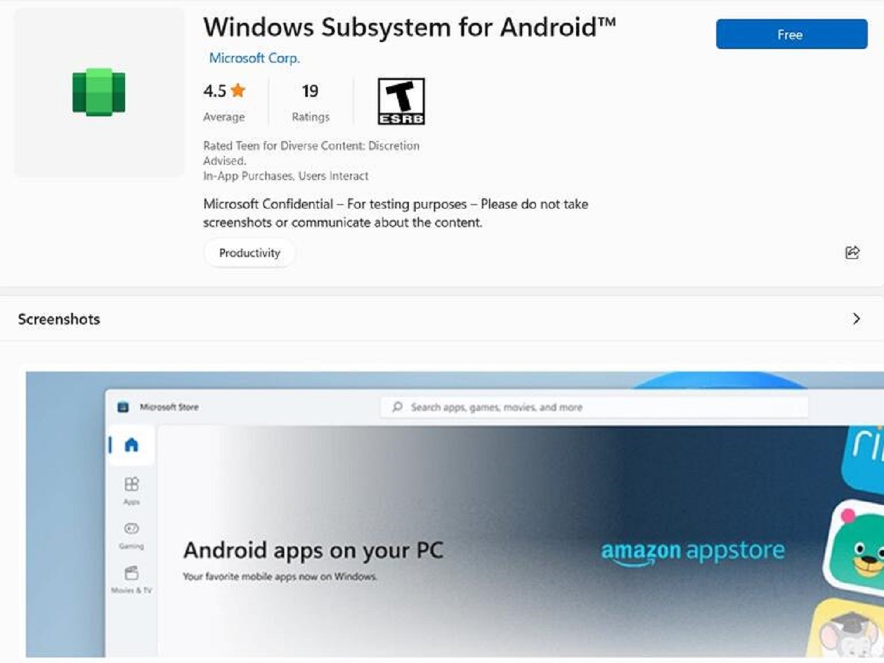 「Windows Subsystem for Android」が「Microsoft Store」に？