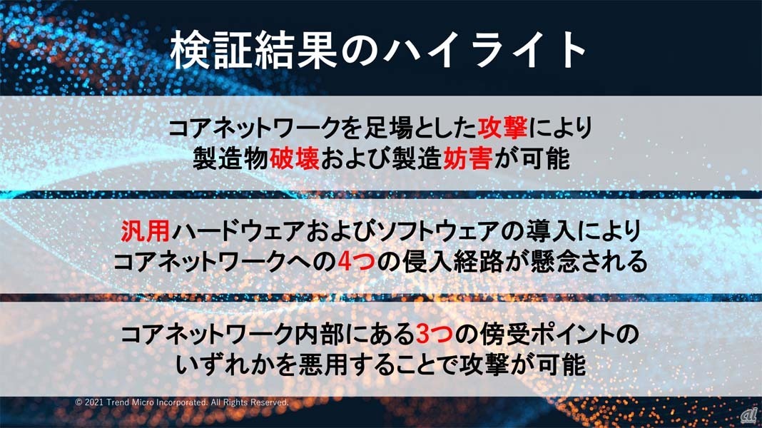 検証結果のまとめ。コアネットワークに侵入を許してしまうとセンサーデータなどの改ざんを受けるリスクがあり、結果として自動制御されている生産設備や機器等の動作に干渉される可能性がある（出典：トレンドマイクロ）