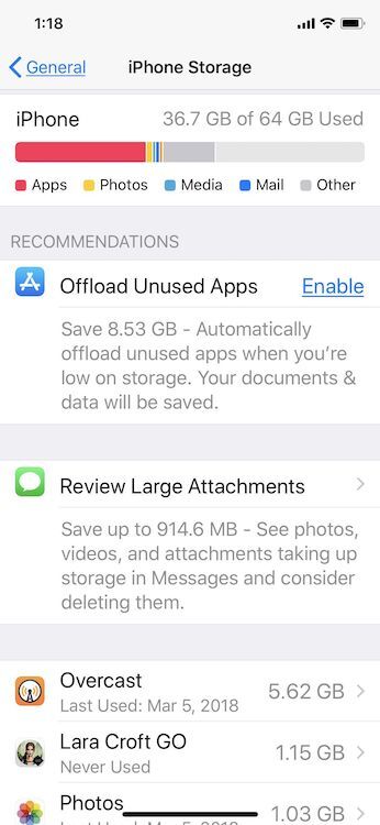 「iOS 11」では、あまり使用しないアプリを取り除くオプションなど、容量を解放するさまざまな方法が新たに導入された。
提供：Rick Broida/CNET
