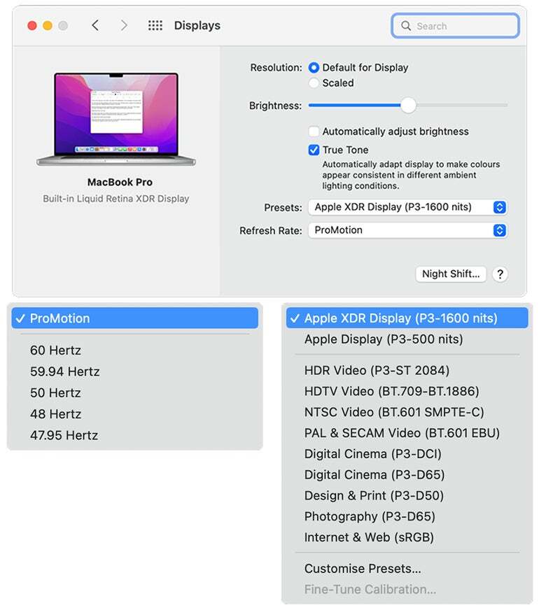16.2インチLiquid Retina XDRディスプレイ（3456×2234、254ppi）の設定画面。提供：Cliff Joseph / ZDNet