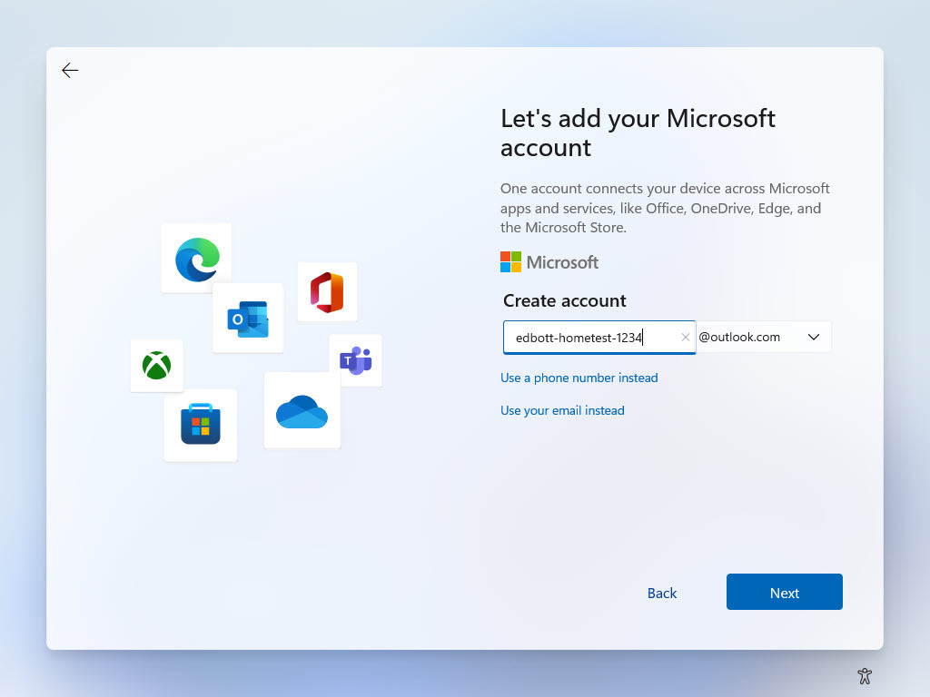 Windows 11のセットアップ中に新たなMicrosoftアカウントを作成できる。
