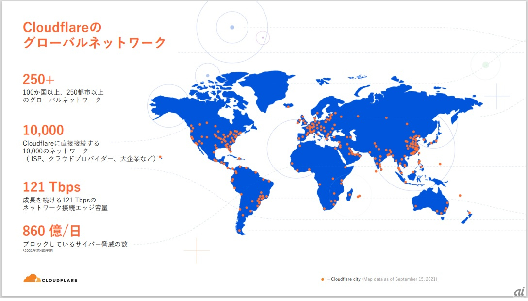 図1：Cloudflareのグローバルネットワーク（出典：クラウドフレア・ジャパン）