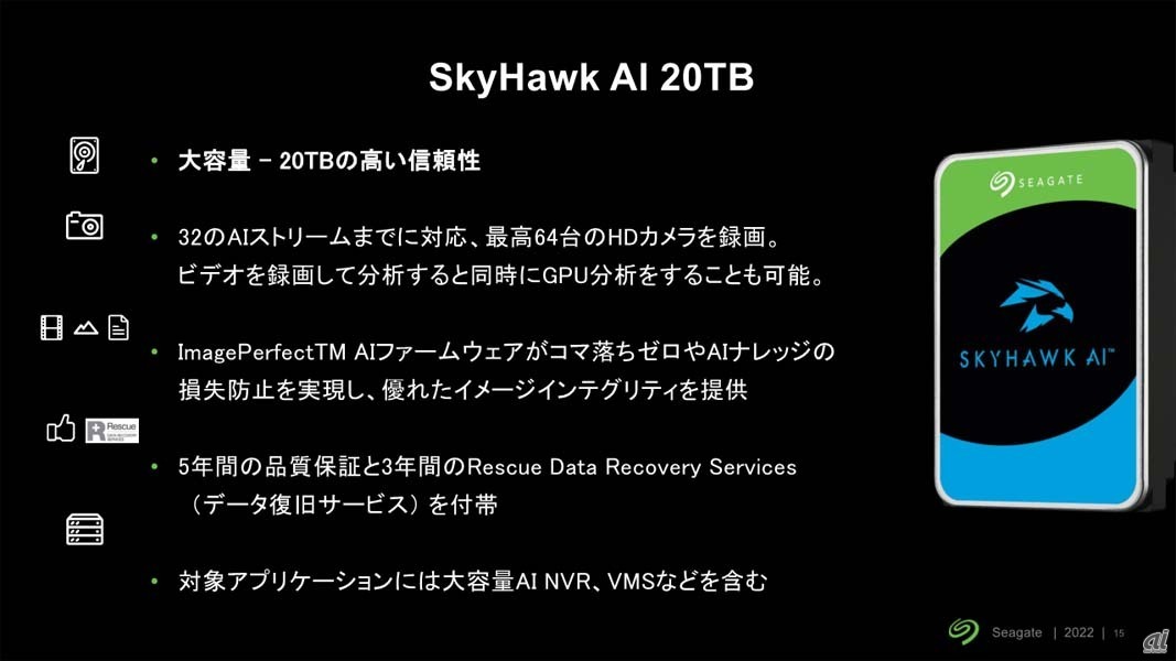 ビデオ専用ドライブの新製品となるSkyHawk AI 20TB