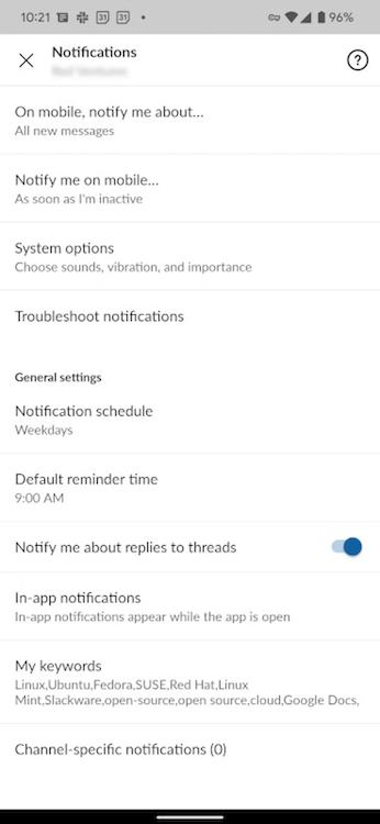 「Android 12」のSlackの「Notifications」（通知）設定画面。