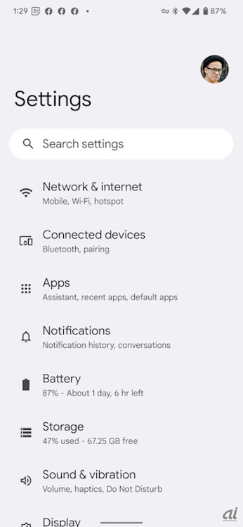 Android 12の「Settings」（設定）アプリケーションの「Storage」（ストレージ）の項目。
