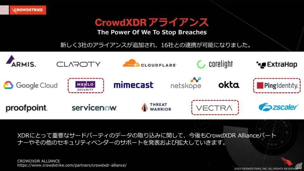 CrowdXDR Allianceの参加企業。Menlo Security、Ping Identity、Vectraの3社が新たに加わった