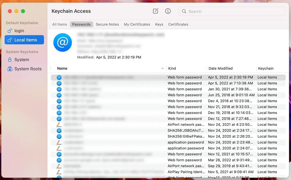 macOSのキーチェーンアクセスは、パスワード、秘密メモ、証明書、鍵を保存する。