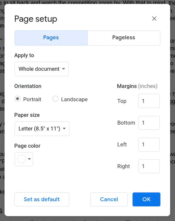 Googleドキュメントの「Page setup」（ページ設定）のポップアップウィンドウ。（提供：Jack Wallen）