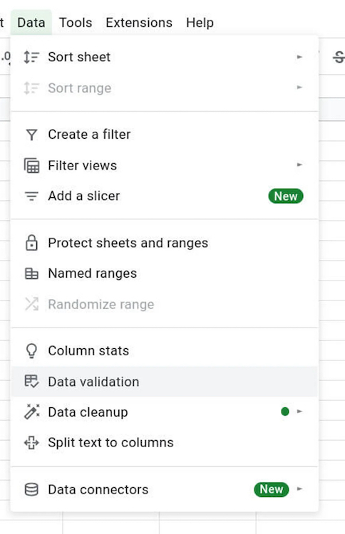 図1：Googleスプレッドシートの「Data」（データ）メニューには、プルダウンリストの作成に必要なツールが含まれている。提供：Jack Wallen