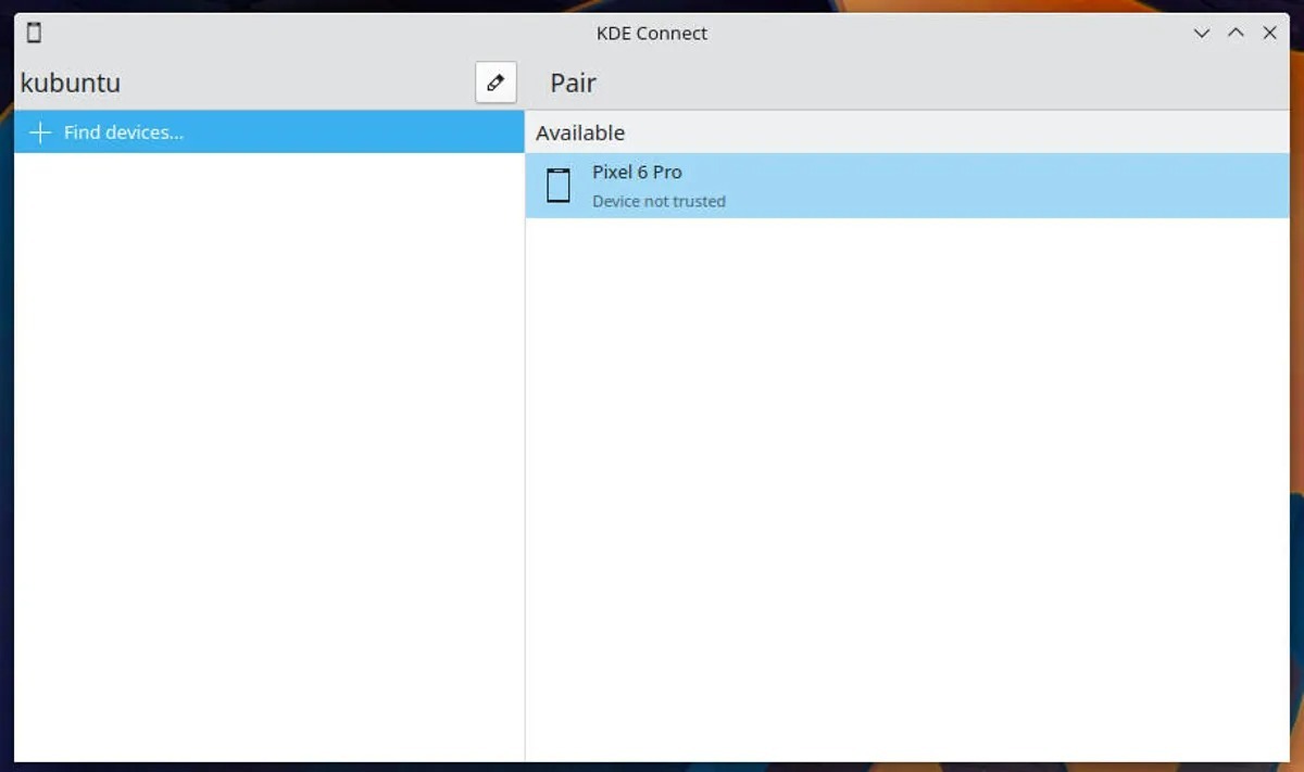 図2：KDE Connectデスクトップアプリが起動し、筆者のPixel 6 Proが表示されている。