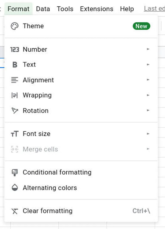 図1：条件付き書式は、Googleスプレッドシートの「Format」（表示形式）メニューにある。