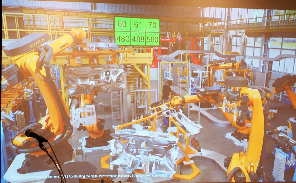 工場の生産ラインの高精細な3Dシミュレーション。さまざまな改善を仮想空間で試してみて成果が得られるものをすぐに実際の現場に導入できるとする