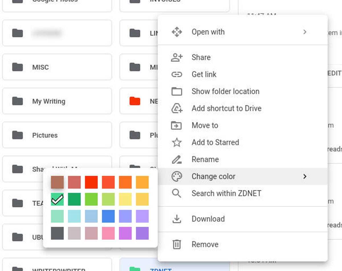 図1：GoogleドライブのZDNETフォルダーの色を変更する。（提供：Jack Wallen）

