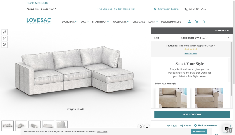 図2．LOVESACのウェブサイトより（ドラッグ＆ドロップで左のソファーの配置や色を変更できる）