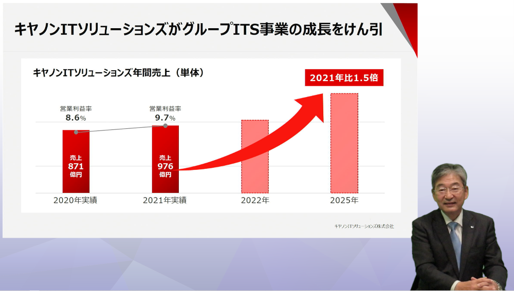 写真1：キヤノンITS 代表取締役社長の金澤明氏。同社は2025年に2021年比1.5倍の売上高を目指している