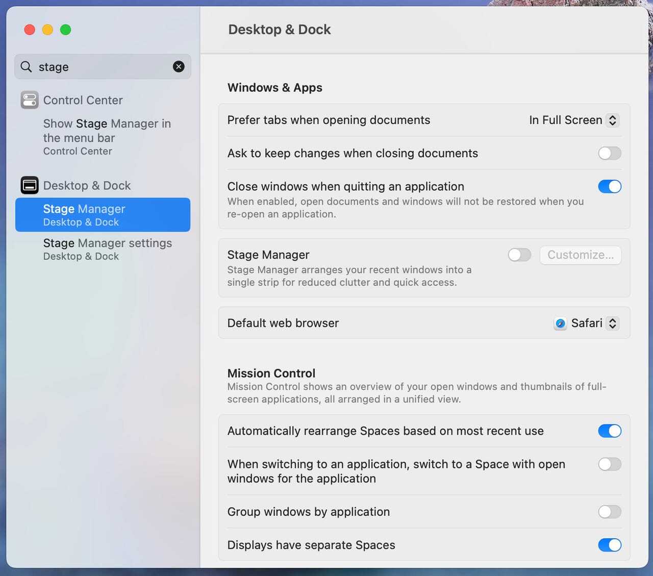 ステージマネージャは、「System Settings」（システム設定）アプリの「Desktop & Dock」（デスクトップとDock）の下にある。(提供：Jack Wallen/ZDNET)