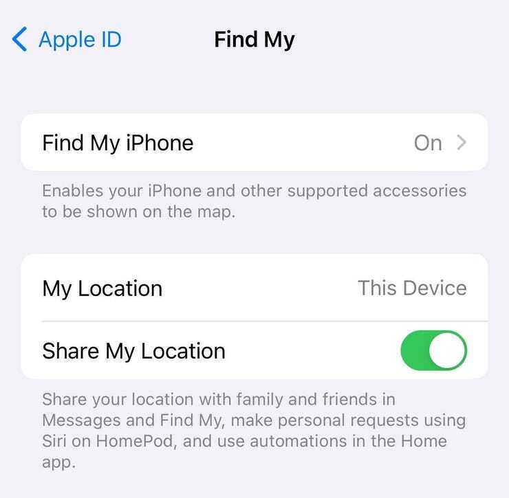 位置情報に移動して、「探す」を選択した後、iPhoneの追跡を有効にする。（提供：Christina Darby/ZDNET）