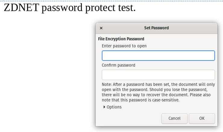 パスワードを設定して、LibreOfficeの文書を保護する。提供：Jack Wallen/ZDNET