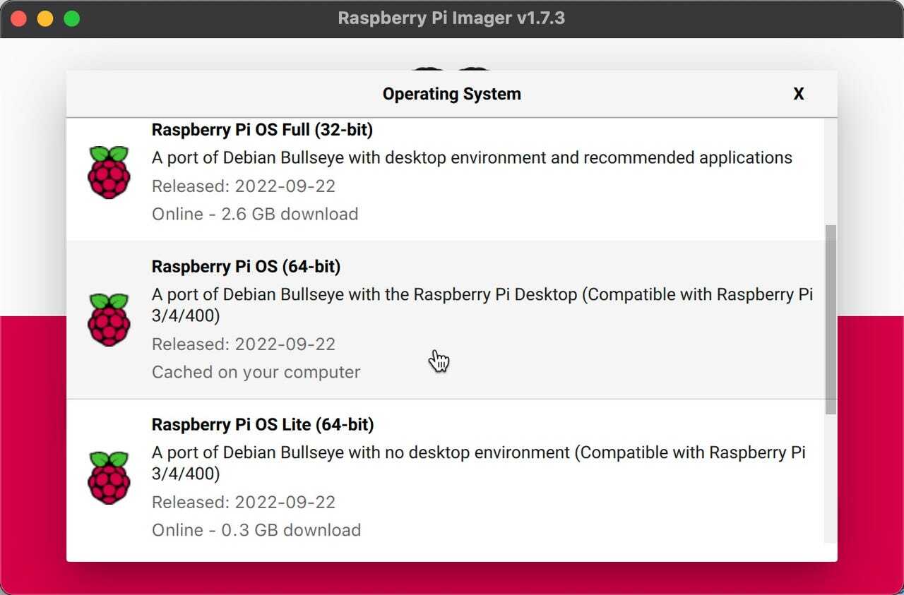 Raspberry Pi OS（64-bit）を選択する。提供：Adrian Kingsley-Hughes/ZDNET