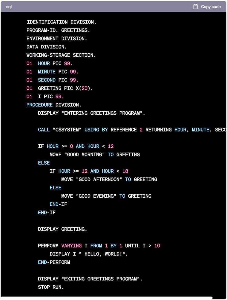 ラベルは間違っているが、コードはCOBOLだ。おそらくCOBOL-88だろう。提供：David Gewirtz/ZDNET