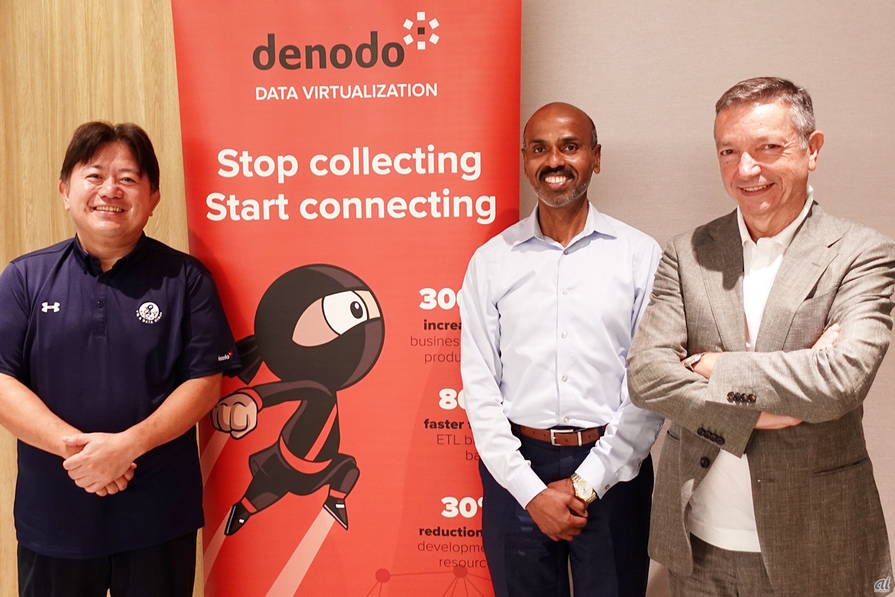 Denodo Technologies 創業者で最高経営責任者（CEO）のAngel Vina氏（右）とシニアバイスプレジデントで最高マーケティング責任者（CMO）のRavi Shankar氏（中央）、日本法人 リージョナル・バイスプレジデント＆ジャパン・ゼネラルマネージャーの中山尚美氏