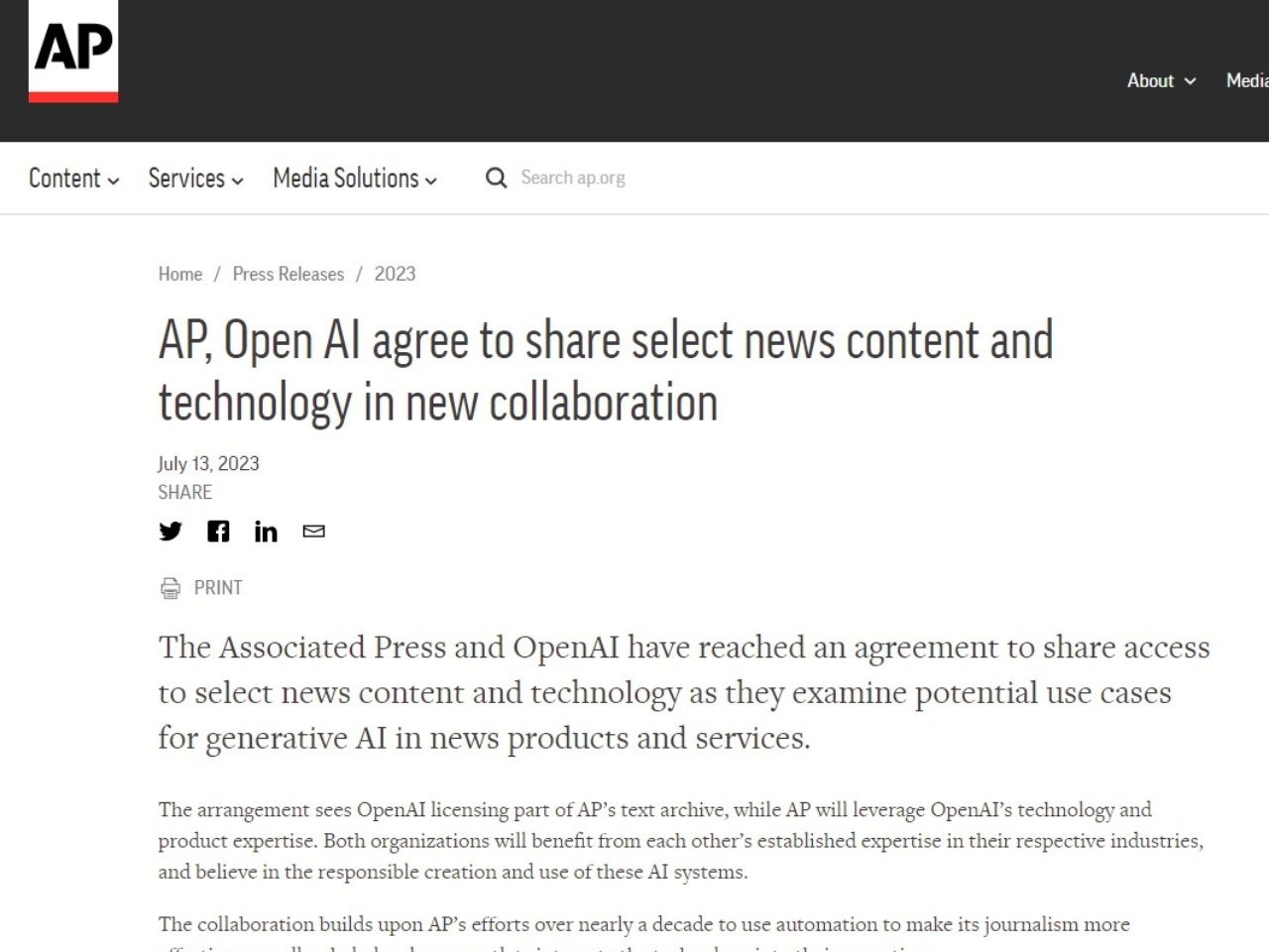 AP通信、OpenAIに過去記事を提供--生成AIの活用検討 - ZDNET Japan