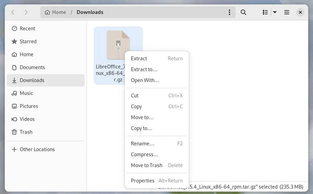 ダウンロードしたLibreOfficeファイルをGNOMEファイルマネージャーで抽出する。提供：Jack Wallen/ZDNET