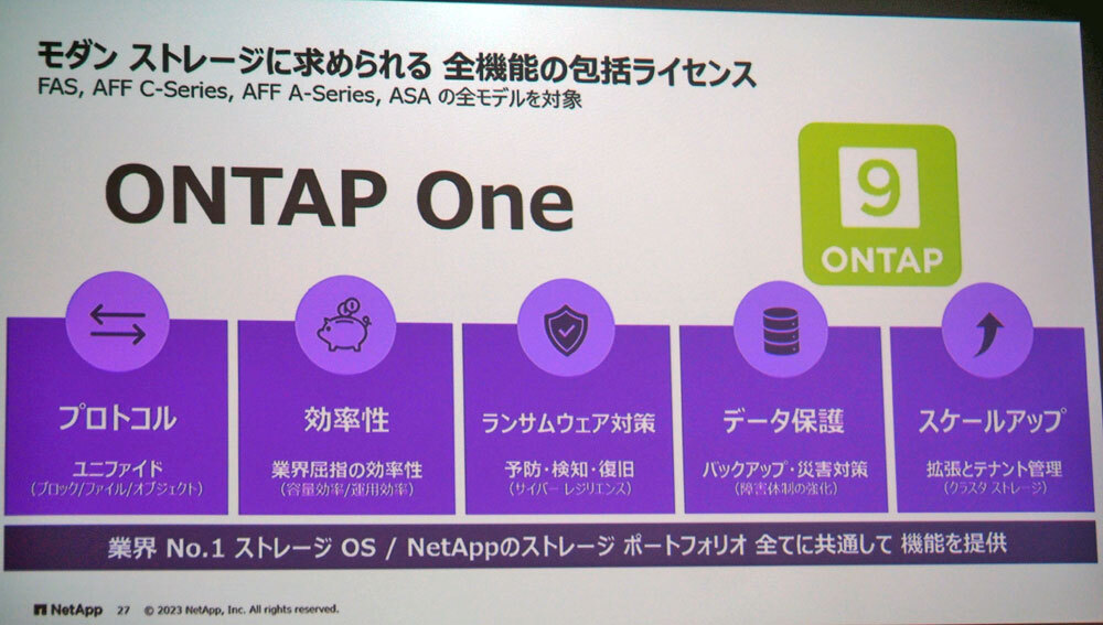 ストレージソフトウェアの「ONTAP」は1ライセンスで全機能を利用できる