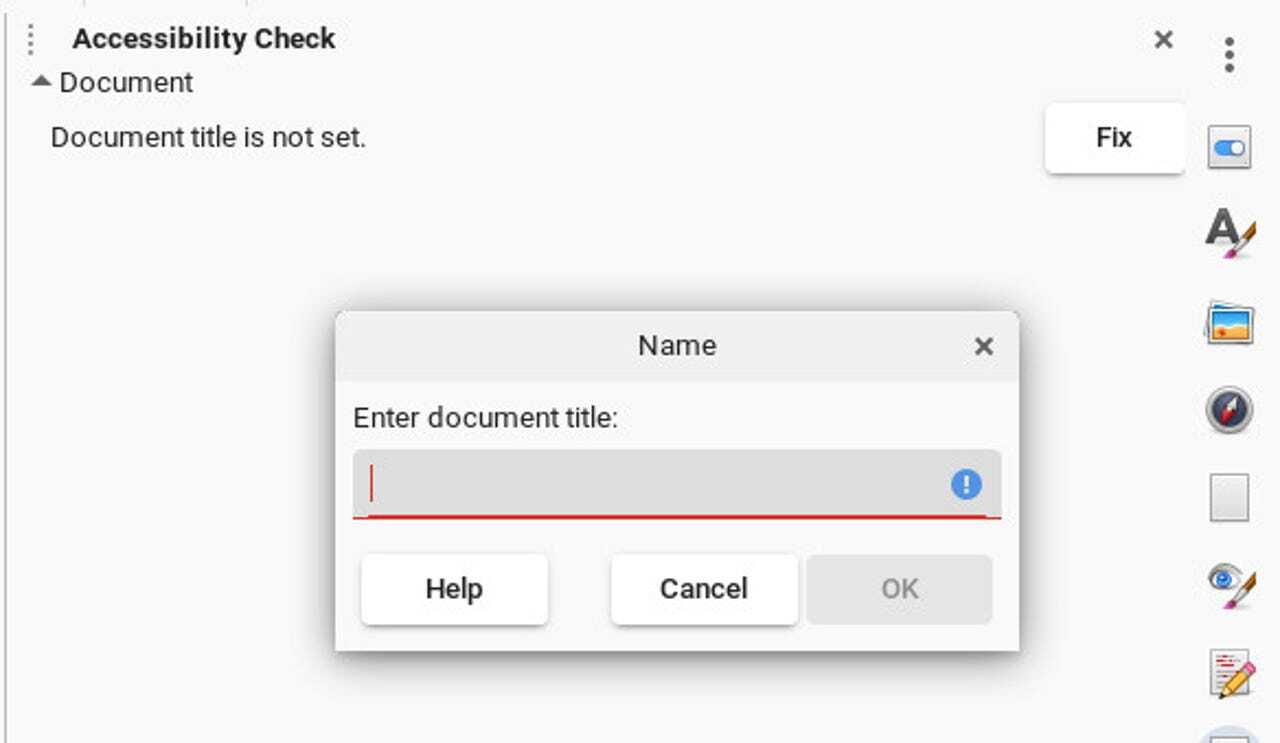 LibreOfficeのアクセシビリティチェックを利用して、文書のタイトルを追加する。提供： Jack Wallen/ZDNET