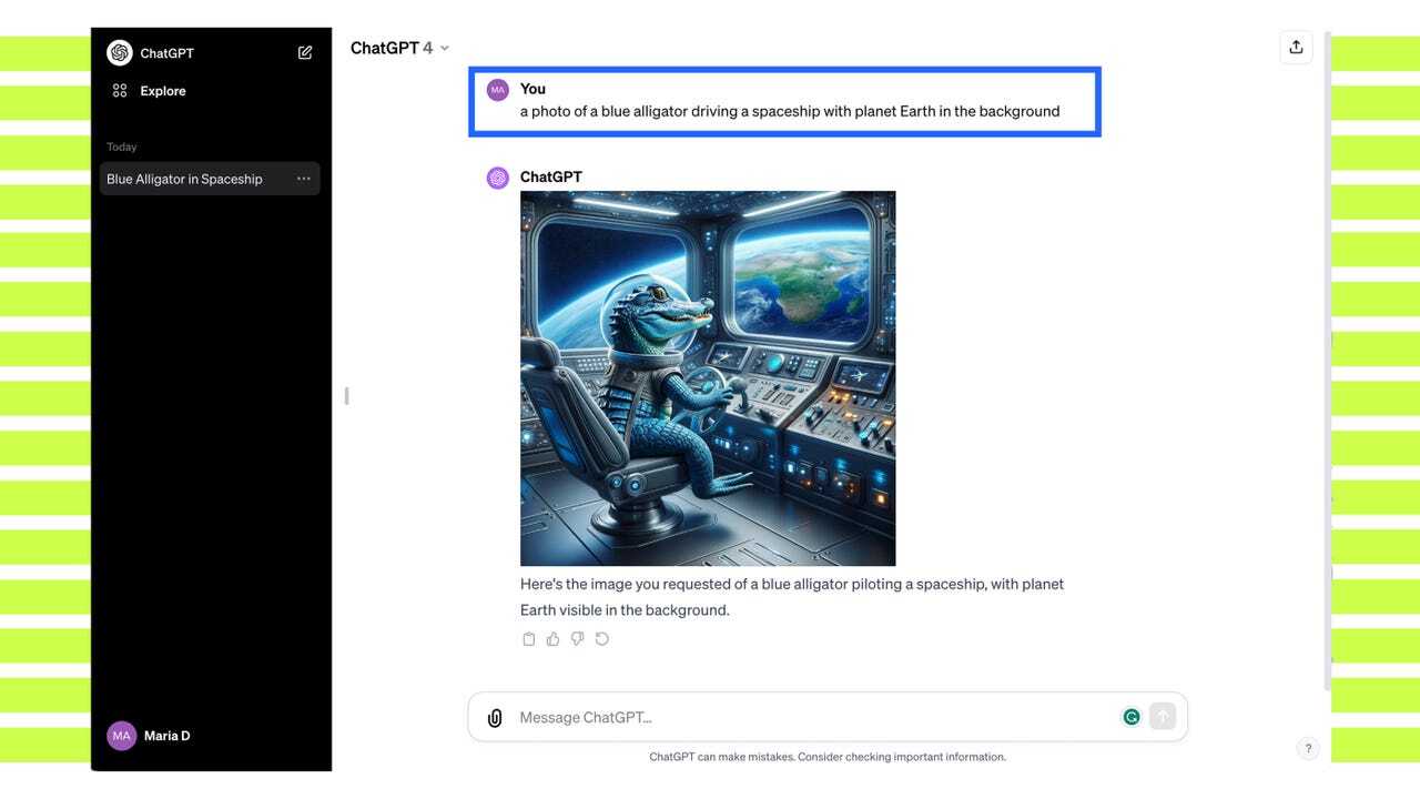 筆者は「地球を背景に、宇宙船を操縦している青いワニの写真」というプロンプトを使用した。提供：Maria Diaz/ZDNET via DALL-E 3