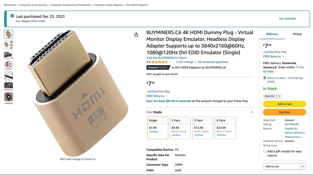 Amazonで購入したHDMIダミープラグ