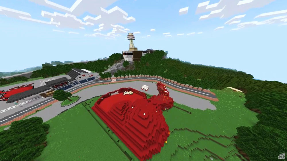 Minecraftで再現した東尋坊エリア。カニを模した建物の先に東尋坊タワーが見える